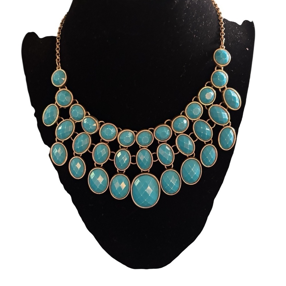 VTG 80’s Faux Turquoise Triple Layer Faux Oval Choker Necklace Bronze Chain 20”